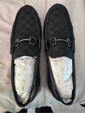 Men's Black Checkered Slip-On Loafers with Metal Bit